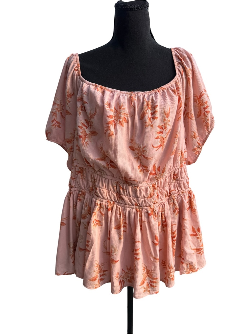 torrid Peach Floral Smocked-Waist Peplum Tunic